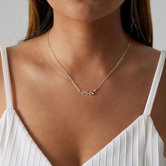 Olive Leaf Necklace 14K Gold Plated CZ Cubic Zirconia Gift for Her Mom Gift